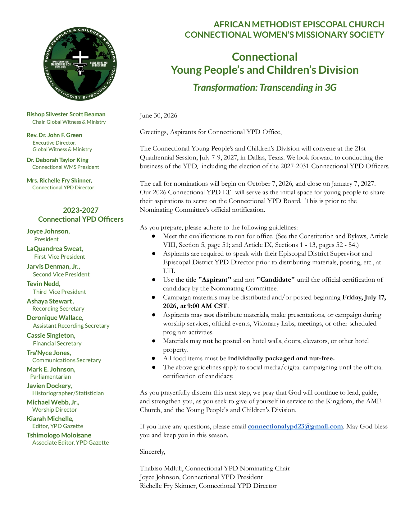 Aspirant Letter - Connectional YPD